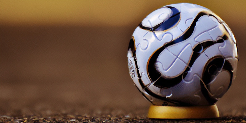 Close up view of a soccer ball (football) designed with panels that look like puzzle pieces