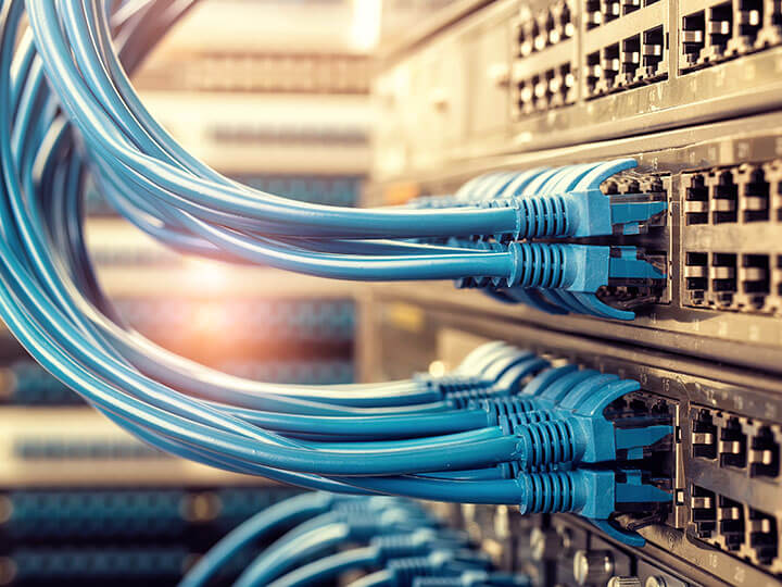 Close up of two sets of blue communication cords coming out of a communications device