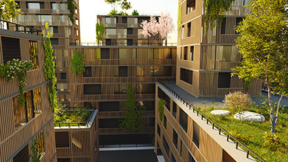 A building featuring a green roof, covered in grass and plants, promoting eco-friendly design.