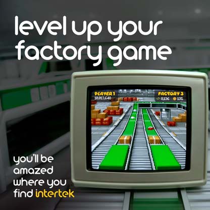 Retro computer monitor displaying a video game-like factory conveyor belt, with "level up your factory game" text and Intertek logo.